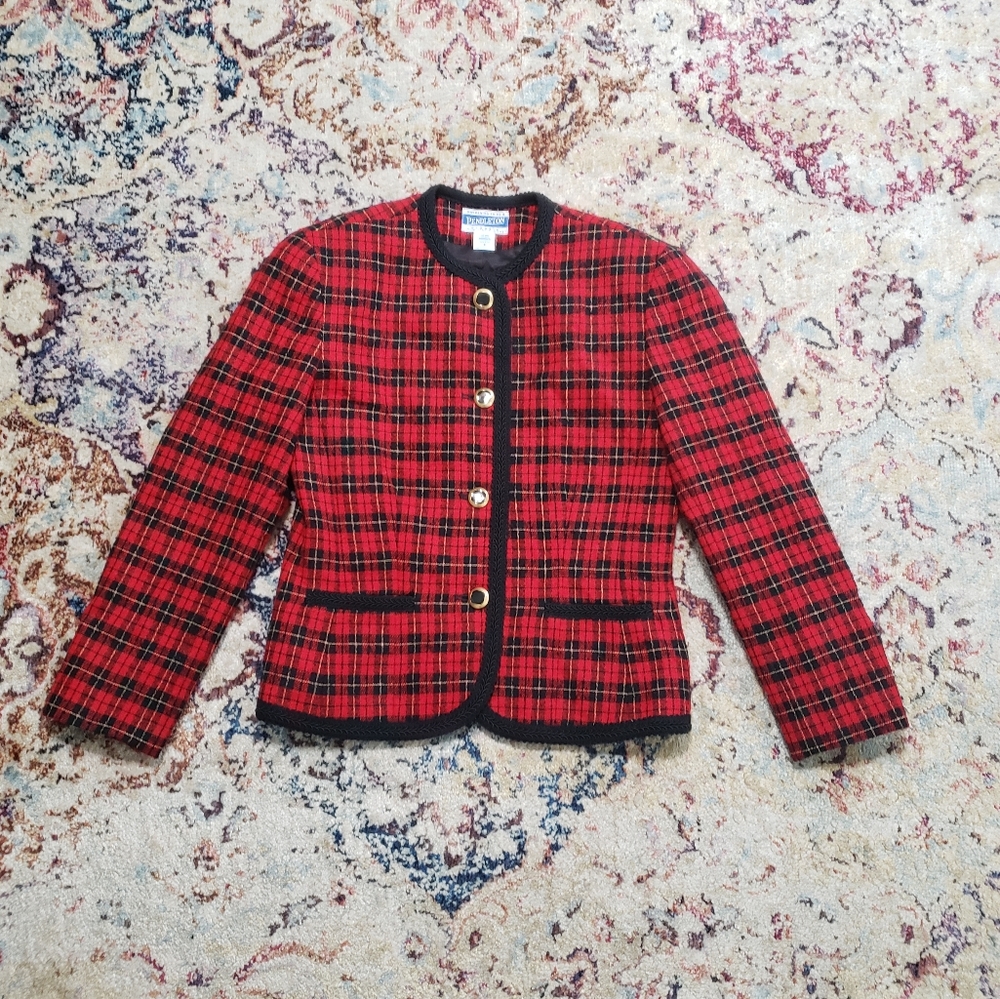 Pendleton Vintage Classic Red Plaid Tartan Suit Jacket Blazer Size 6 Petite
